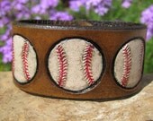Hand Painted Tooled Leather Cuff Bracelet - Baseball, Softball, Golfball, or Bowling Ball w/ Pins - Women, Men or Kids - Wide - Snap