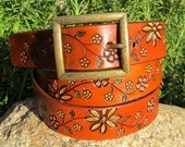 Hand Painted Tooled Leather Belt - Daisy Flower - Your choice of buckle - Antique Nickel or Antique Brass