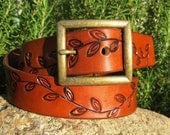 Hand Tooled Leather Belt - Bold Vine - Your choice of buckle - Antique Nickel or Antique Brass