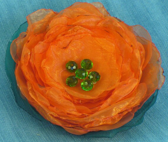 Beautiful orange flower - hand made brooch with green Czech glass