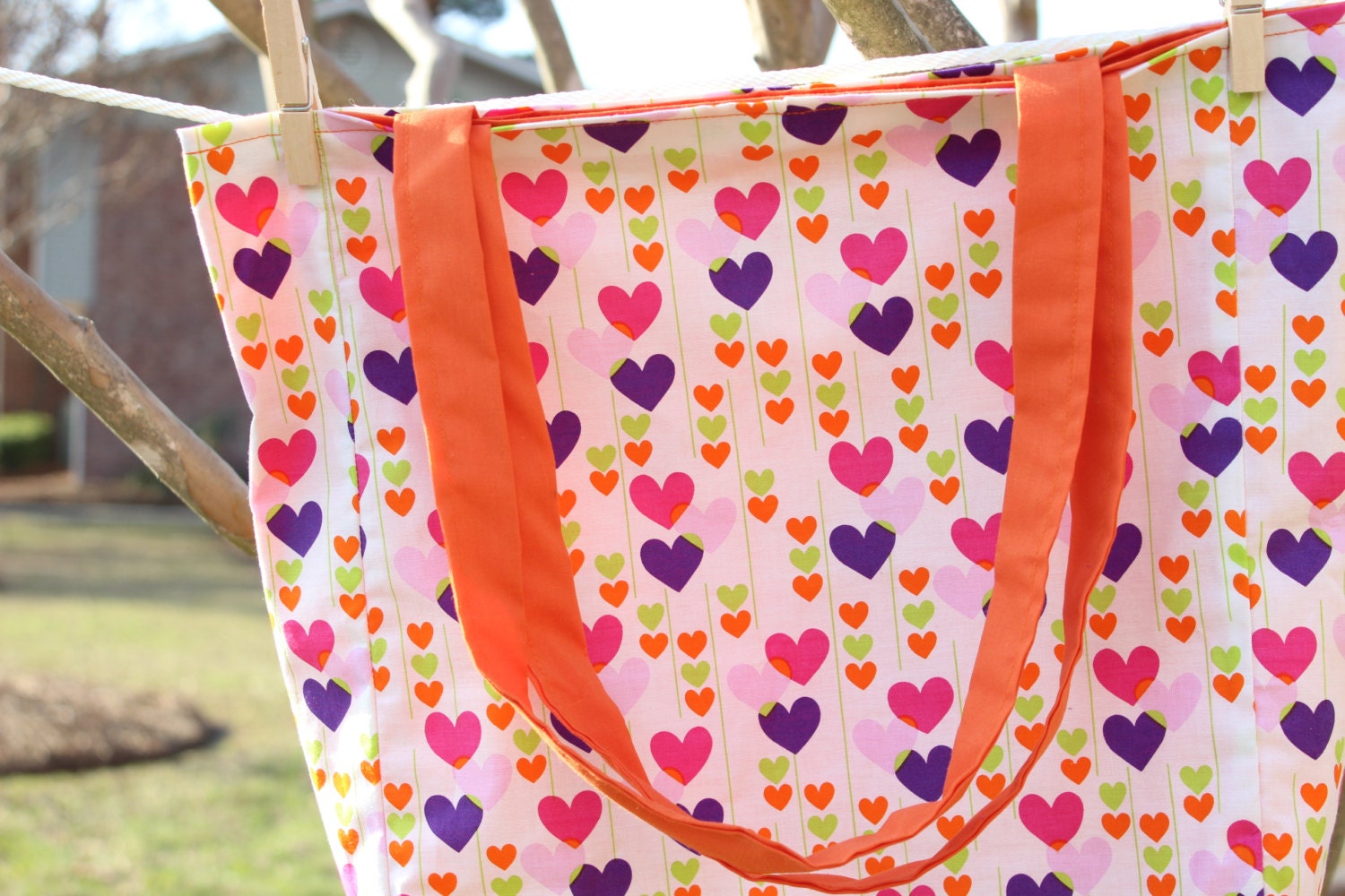 Reversible Tote Bag Hearts in Orange, Pink and Purple with Orange Lining