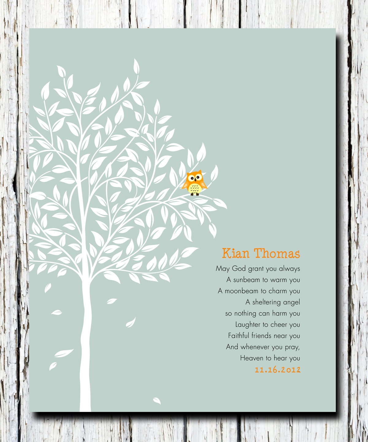 Personalized Christening Tree Gift, Bible Verse, Gift for Godchild, owl in Tree, Baptismal Gift, Religious, Wall poster art 8 x 10,