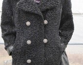 Persian Lamb Fur Coat Jacket Black LeatherTrim Sz Med-Large Vintage 60s 70s