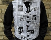 Mens Canine Dog Puppy Newspaper Print Waistcoat Vest Fashion Clothing