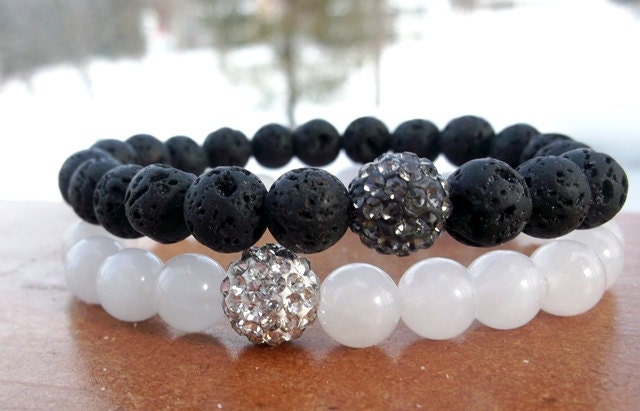White and Black Pave Stack Bracelet, Shamballa Bracelets, Black and White Bracelets, Gemstone bracelet, Celebrity Bracelet, Lava, Jade