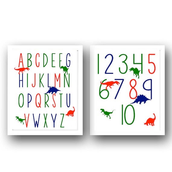 Nursery Wall Decor- Kids Room Art Prints- Dinosaur Alphabet ABC and Numbers Print- Set of 2 Prints in Primary Colors