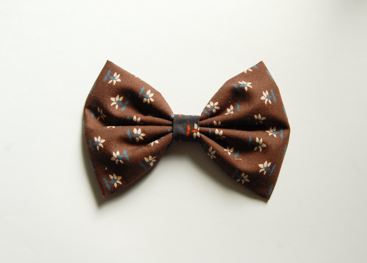 ON SALE brown navy flower floral fabric butterfly green hair ribbon, gift for girls, cute handmade ribbon art, fabric bow