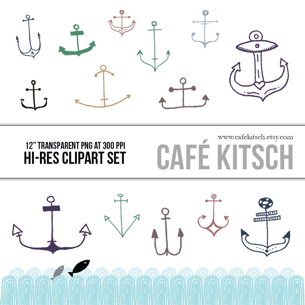 INSTANT DOWNLOAD - Anchors Clipart Set - Hi Res Printable Nautical Doodle Illustrations for Decorating and Scrapbooking