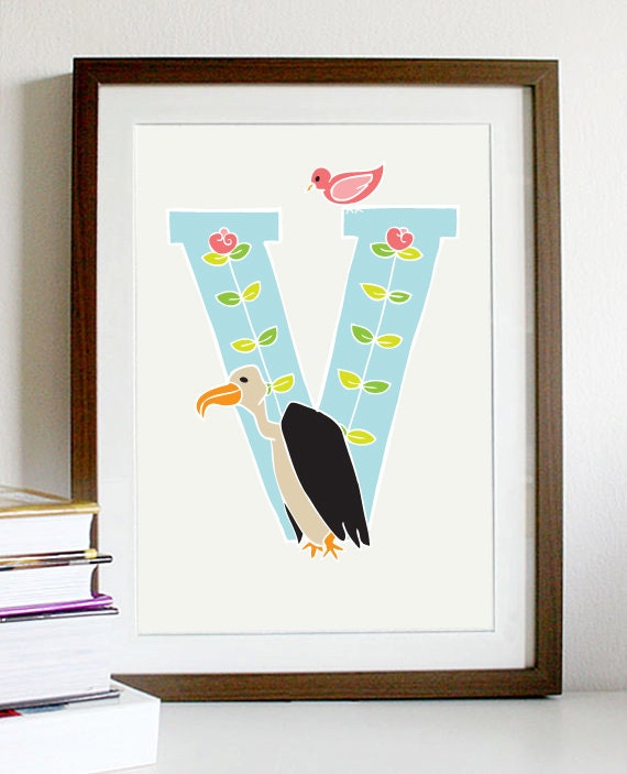 A4 Letter Alphabet artwork print: "V" / Nursery artwork / kids room artwork