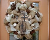 Natural Burlap and Deco Mesh Cross Wreath