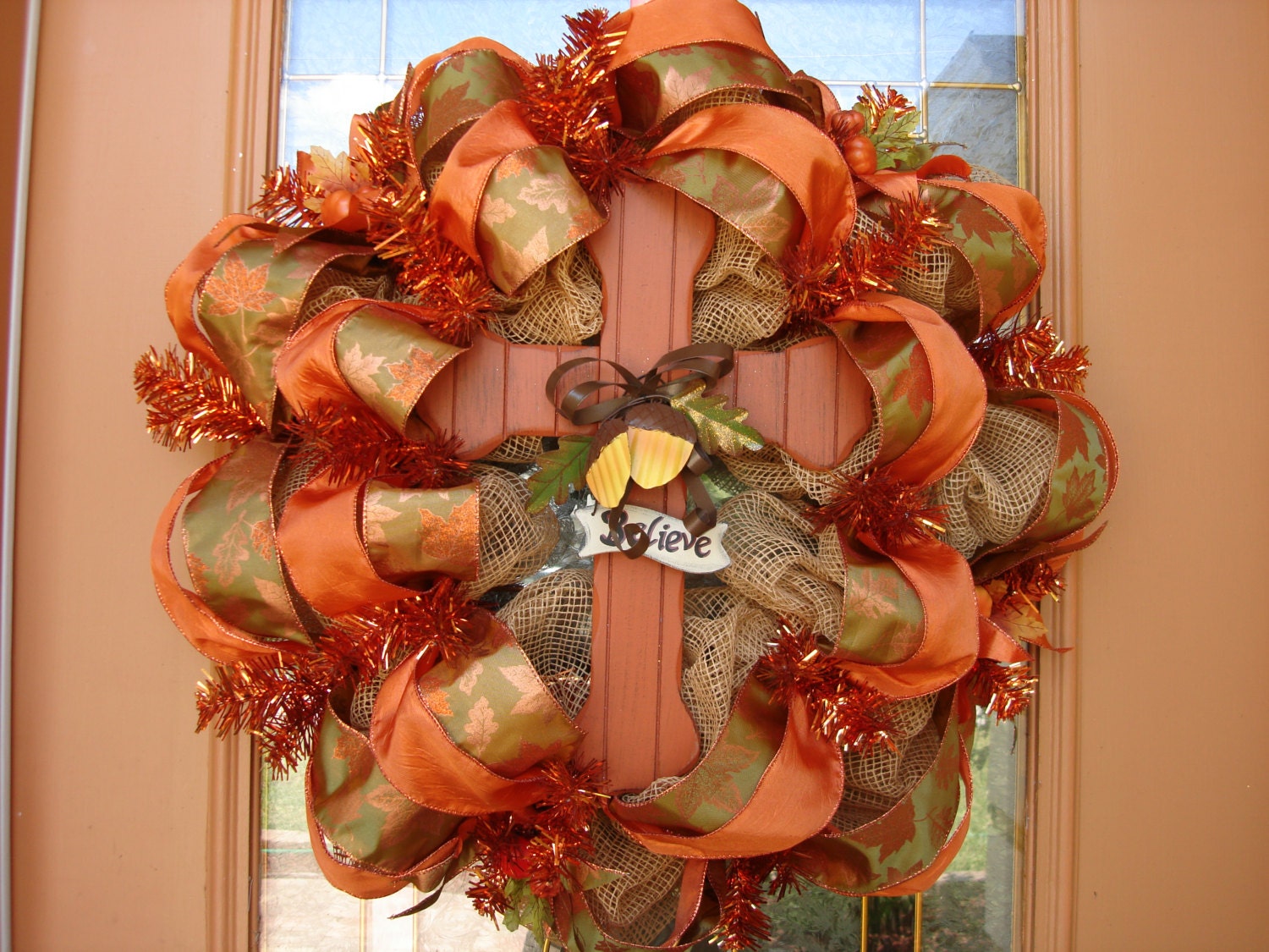 Deco Paper Mesh Fall Cross Wreath
