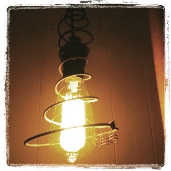 1930s Bed Spring Pendant Light with 12' plug cord, push-through switch & Edison bulb