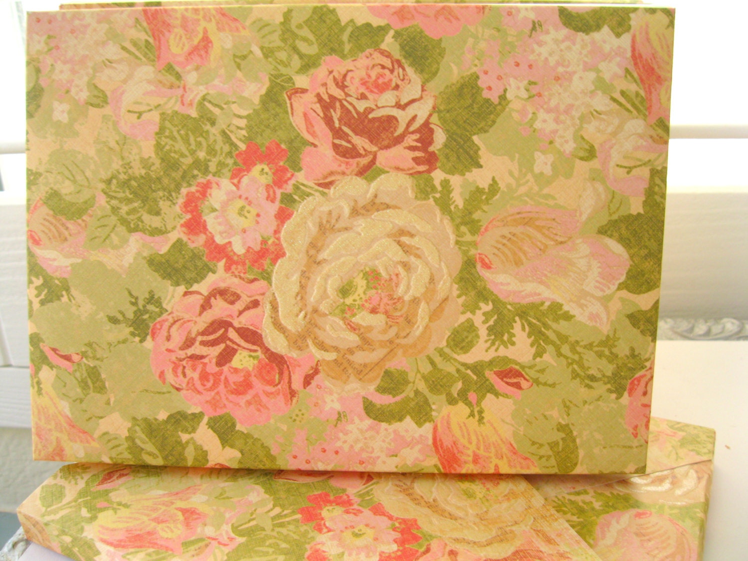 English Rose Garden Floral Boxes Envelope Boxes Pink and Green 6 x 8 x 1/2 - Qty 5, Handmade Paper Goods Fancy Envelopes