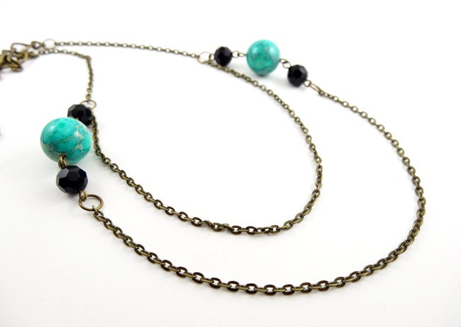 Turquoise Green Necklace Double Chain Unique Handmade Bohemian Gypsy Boho Jewelry Womens Fashion Gift for Her