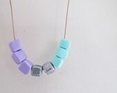 Handmade Geo Cube Necklace in Lilac Purple, Glitter Silver and Mint Green Blue. Bright Geometric