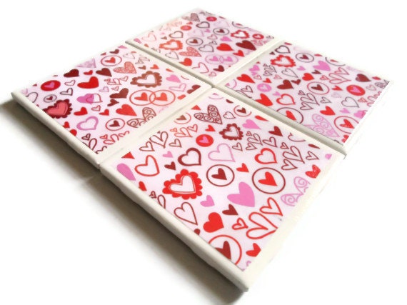 Ceramic Tile Coasters Set of Four Felt Backing Hearts