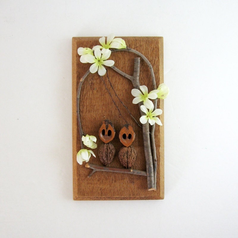 Vintage Nutty Owls - Found Object Art - Nature Sculpture - Home Decor for Your Walls - Spring Cherry Blossoms