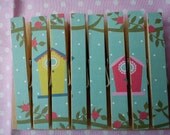 Birdhouse fridge magnets clothespins pegs