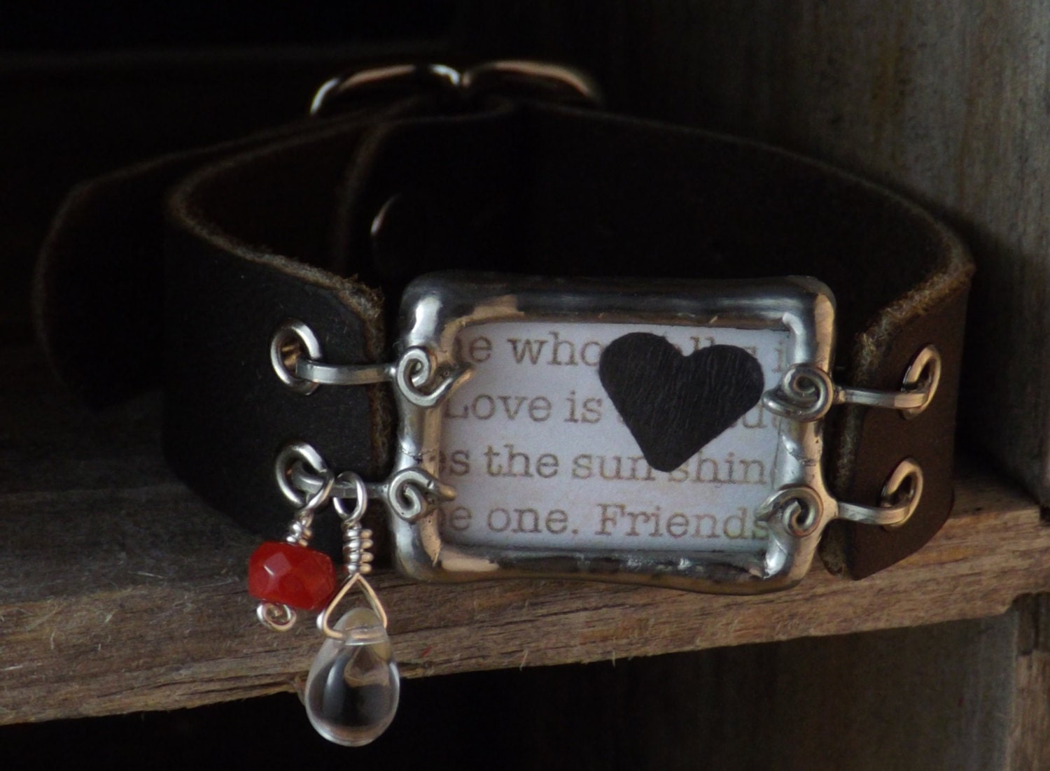 Black Tissue Paper Heart Soldered Bracelet with Leather Band