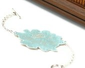 Pastel teal lace on leather bracelet - Light teal vintage lace on upcycled cream leather - CAPUCINE - Eco-Friendly