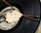 Elegant yellow lace on leather necklace - THEODOLINA - Chic floral lace, upcycled white leather, pearls and Swarovskis - Eco-Friendly