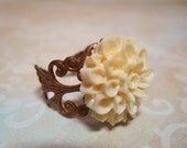 Ivory Cream Dahlia Resin Flower Cab Ring Adjustable Filigree Band Bridal Wedding Bridesmaid Jewelry