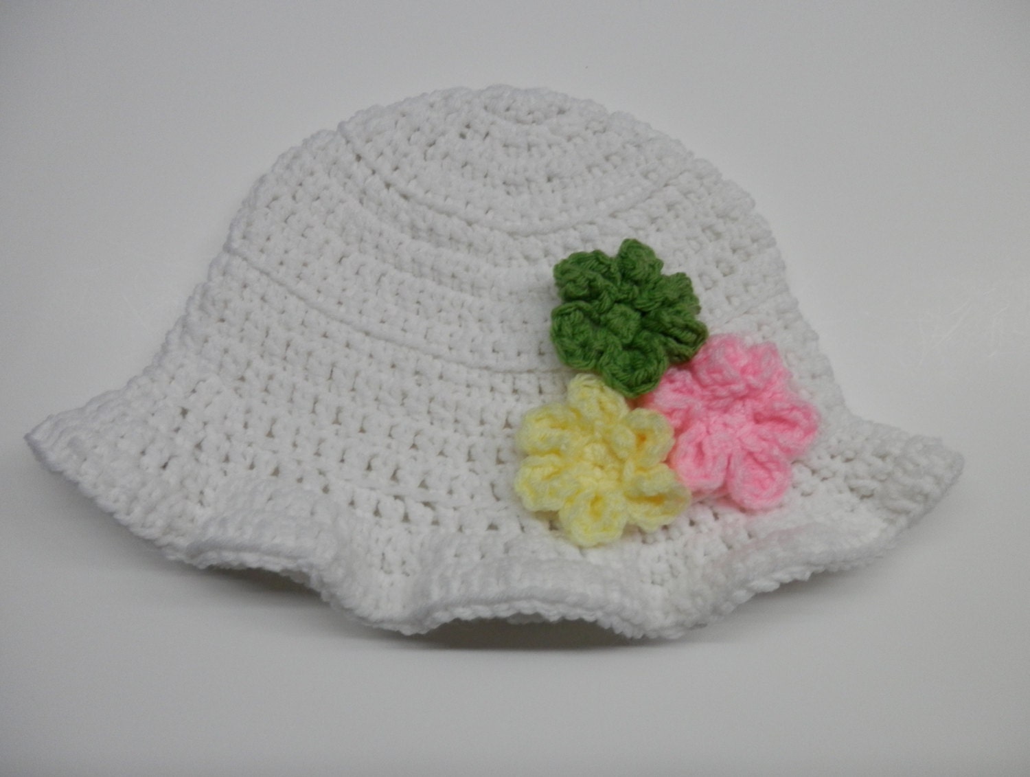 Crochet  Handmade Springtime White  Hat with Flower Yellow Pink  Green Girl Kids Children Baby  Teen