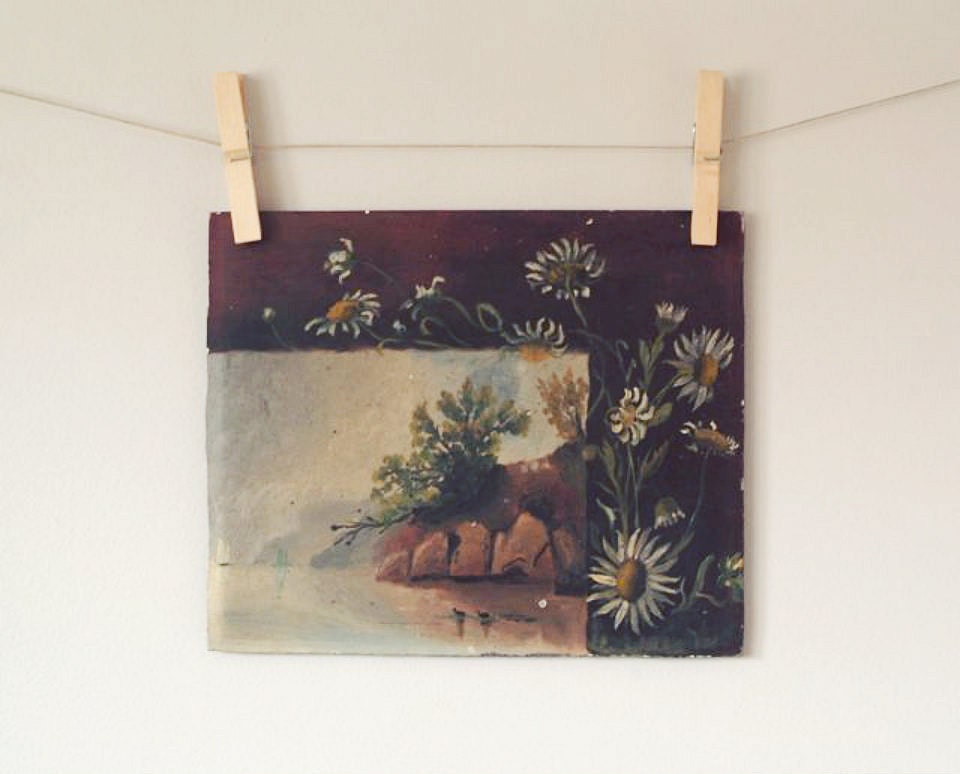 Antique Primitive Landscape Oil Painting, Daisy , Nature Paining, Vintage Rustic Woodland Daisies  and Lake Scene