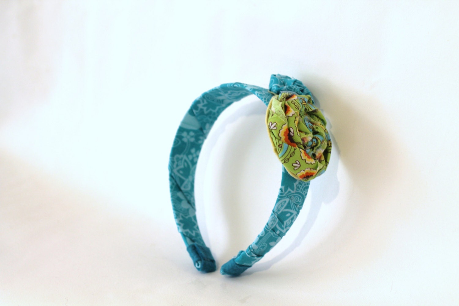 Cotton Fabric Wrapped Head band, Shabby Chic Flower, Turquoise, Lime Green, Flower Headband