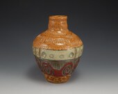 ceramic bottle, orange, single flower vase, wheel thrown, hand carved