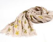 Toddler scarf, boys natural linen scarf, Easter spring scarf, eco friendly scarf 120x30cm (47x12inch), yellow and green bunny blockprint .
