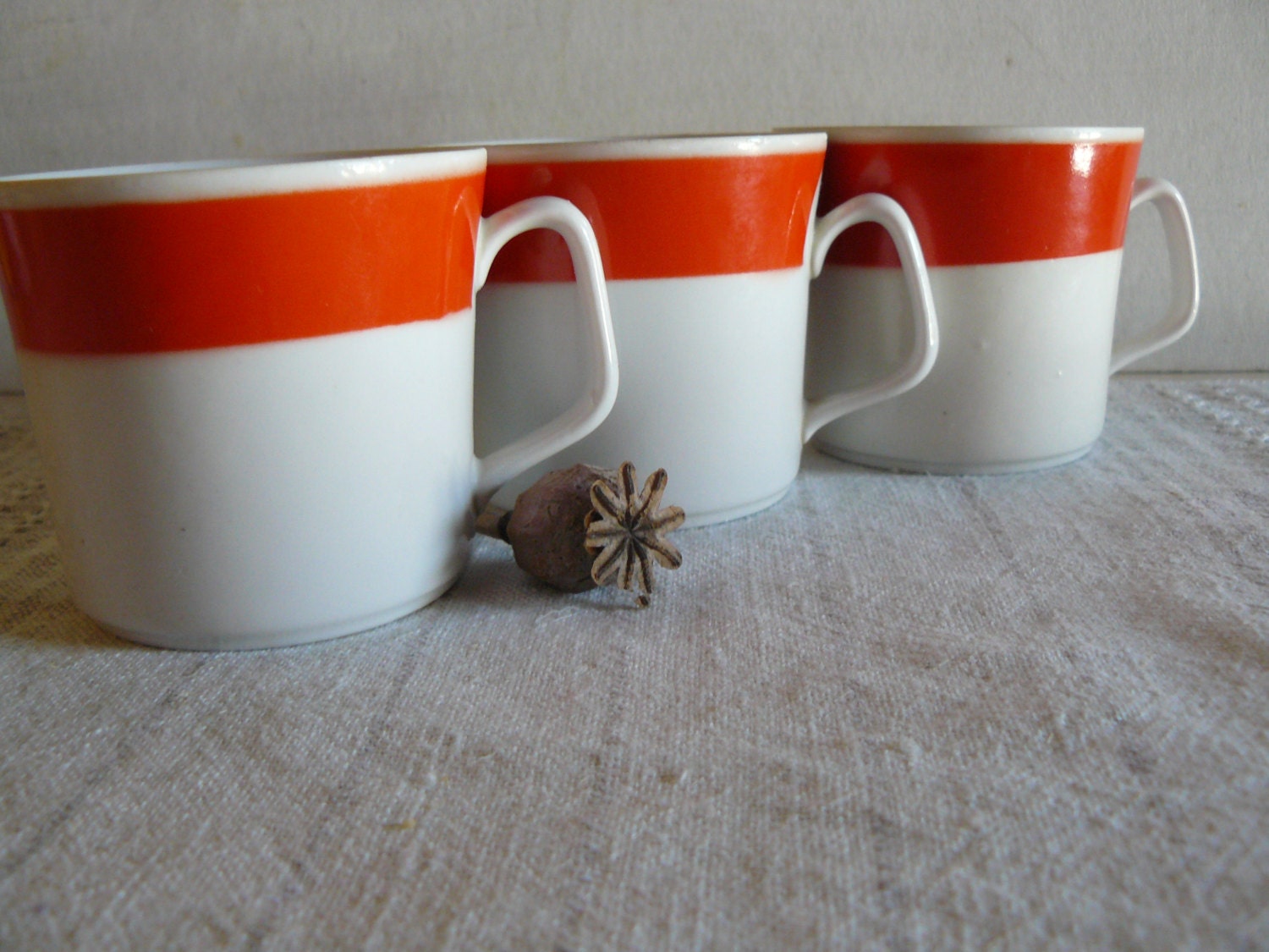 Soviet Porcelain Cups with orange stripes, set of 3, tea set, Retro Kitchen decor, Soviet Union, Made in USSR