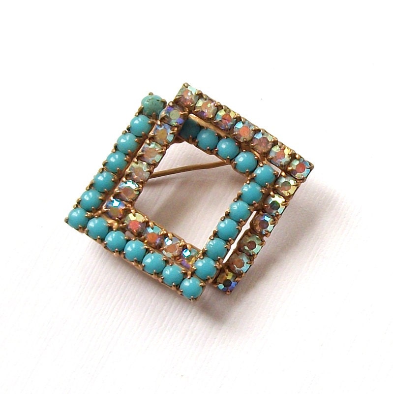 Small Vintage Art Deco Aurora Borealis Turquoise Blue Brooch Double Square Brooch Pin Gold Toned UnSigned Jewelry