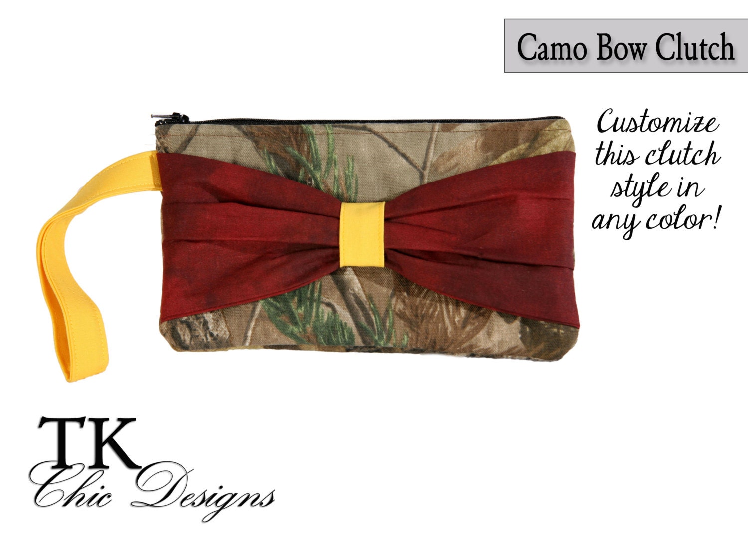 FSU inspired camo bow clutch in realtree ap camo with a garnet and gold accent bow