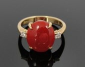 Vintage Cocktail Ring with Fine Red Coral Mid Century Gold and DIamonds RGCR203D