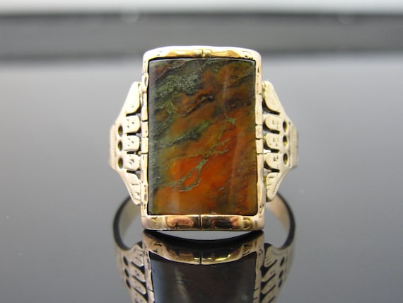 10k Rose Gold and Moss Agate Mens or Ladies Victorian Ring, Rare Barrel Cut RGAGT102D