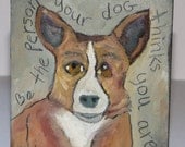 ORIGINAL MINI oil folk art painting of Corgi dog on wood