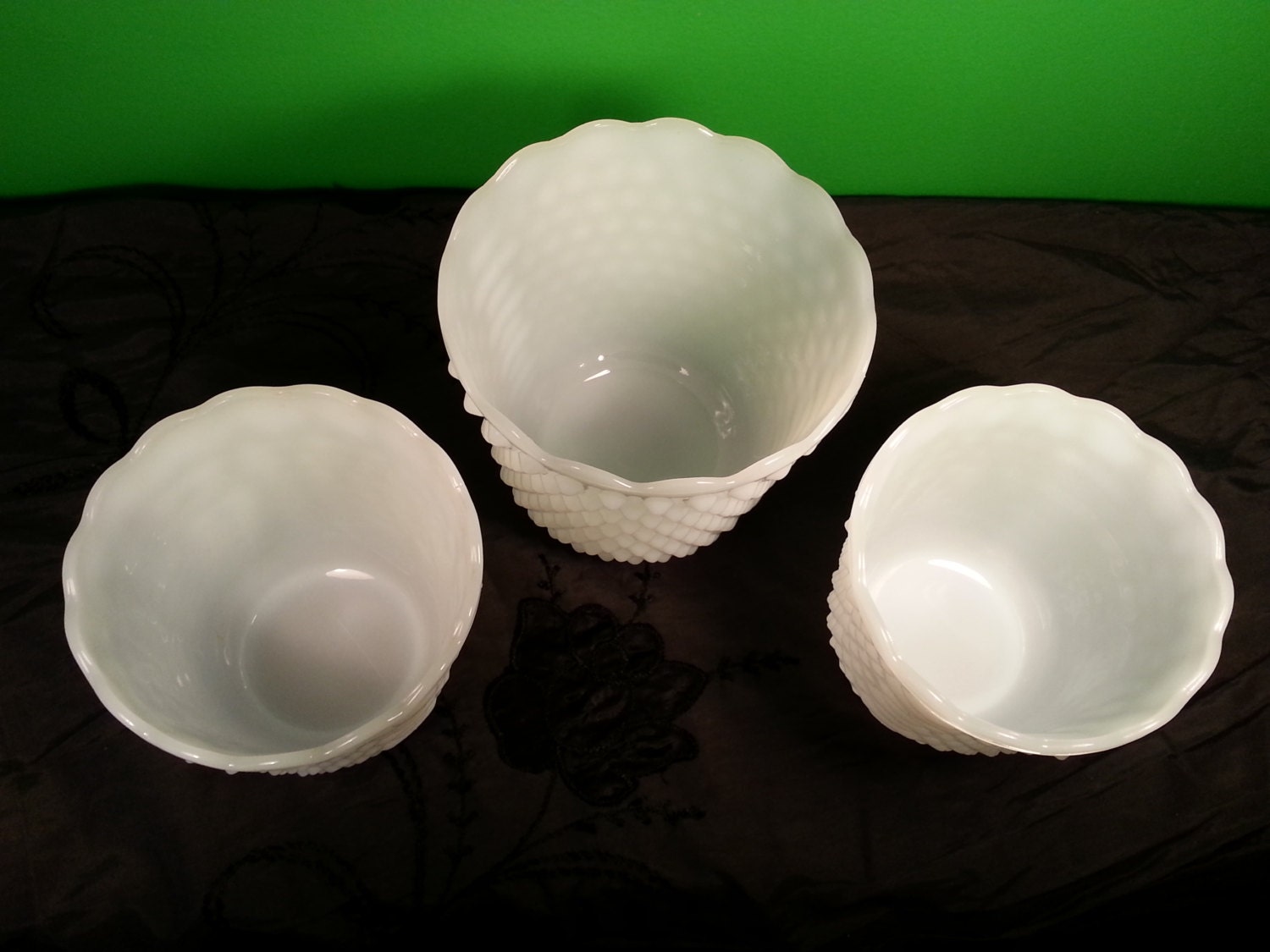 3 Vintage Milk Glass Hobnail Planters - Vases