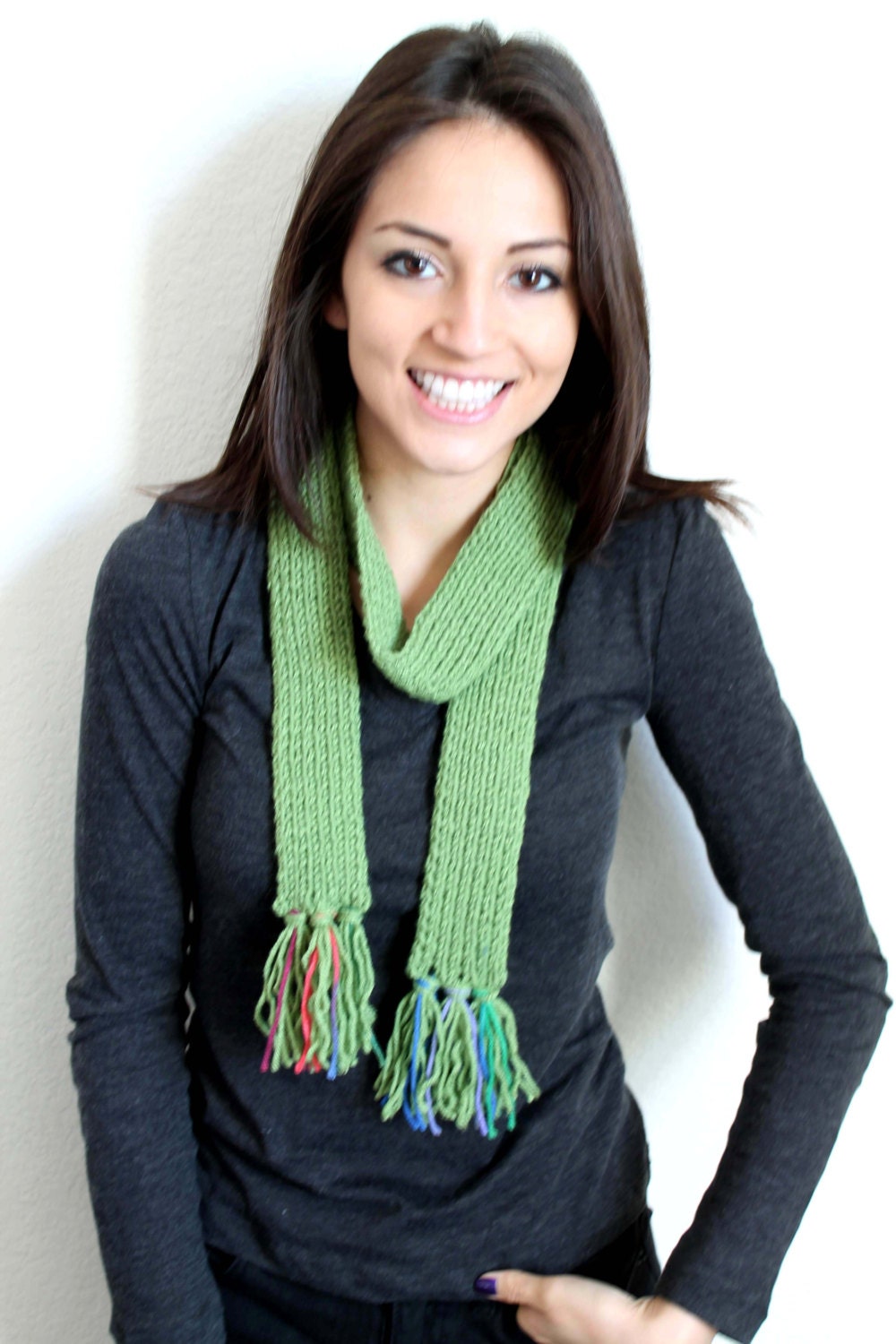 Warm Crochet Light Green Skinny Scarf Unisex