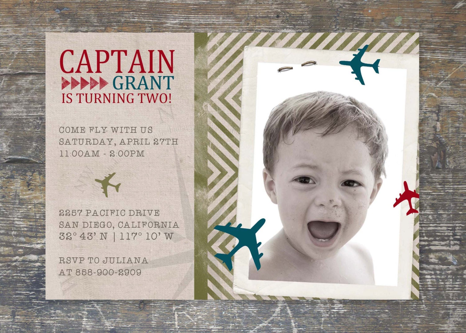 Boy's Vintage Airplane Birthday Party Photo Invitation DIY PRINTABLE Digital File