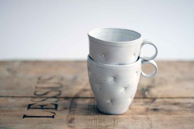 Cute white ceramic cup, handmade and decorated with pillow effect - OlisCupboard