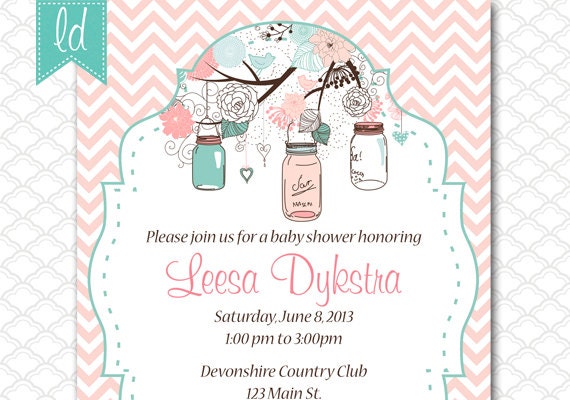 Chevron Mason Jar Invitation Printable Pink and Blue Turquoise - Custom for Any Occasion - Wedding - Birthday - Girl Baby Shower