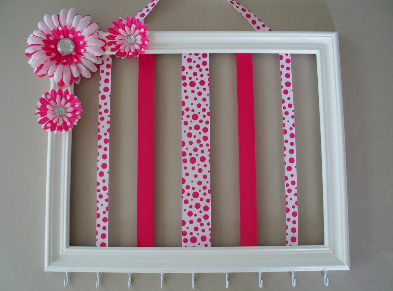 Girls 11x14 hair bow and headband holder, hair accessories holder, picture frame, girls hot pink and whitepolka dot room decor