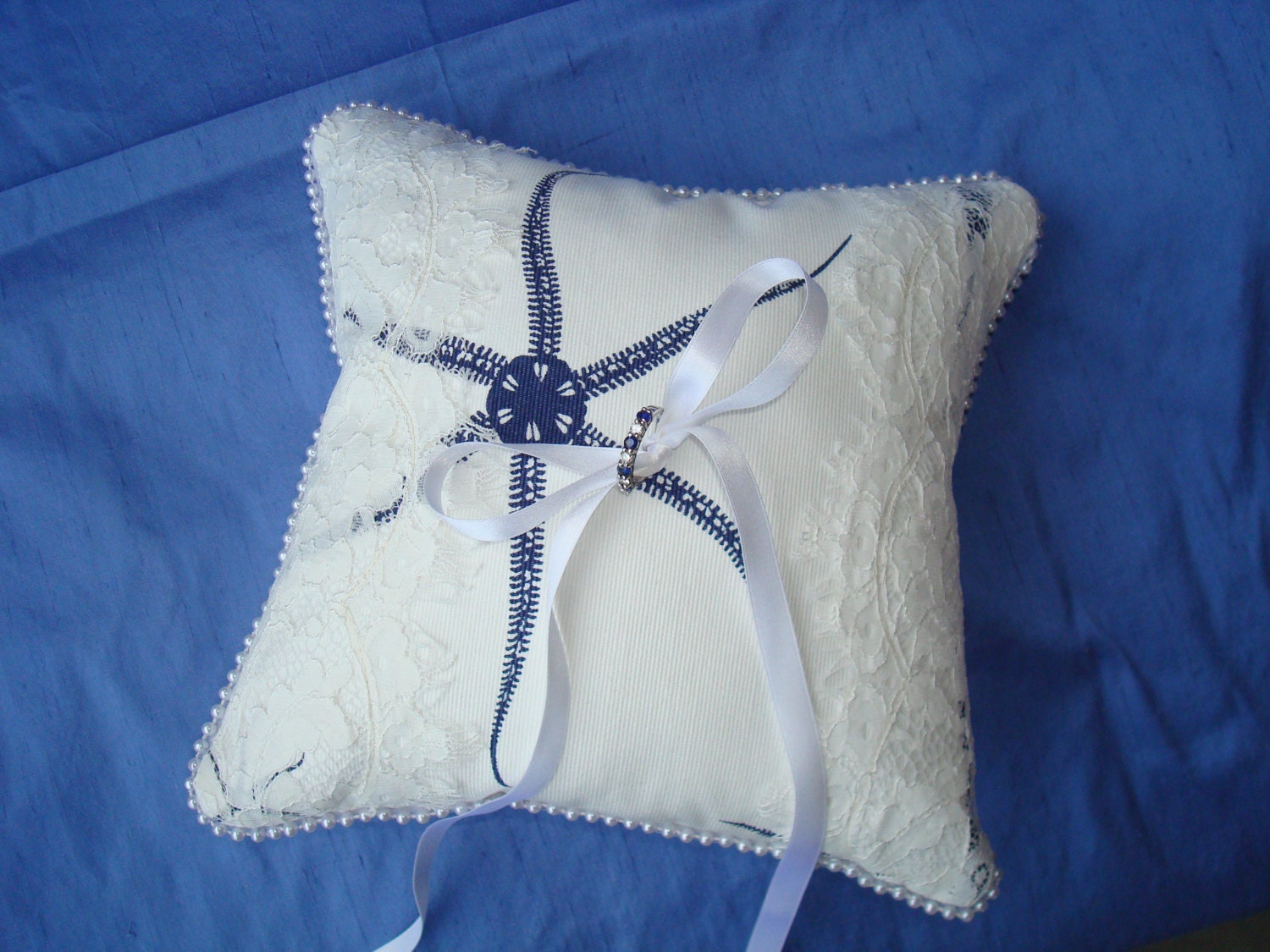 Free US Shipping Coastal Nautical Beach Cotton Navy Blue White Sea Star Starfish Ring Bearer's Pillow