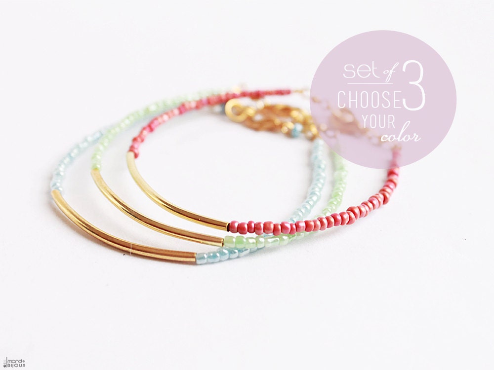 Set of 3 gold beaded bar friendship bracelet - stacking layering pastel colors everyday jewelry