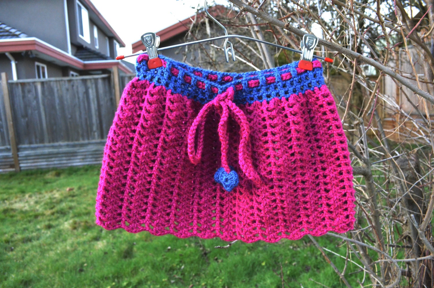 Handmade Crochet Size 3T Fuchsia And Colonial Blue Skirt, Fuchsia Skirt With Blue Hearts, Toddler Girl Clothing, Clothing For Girls