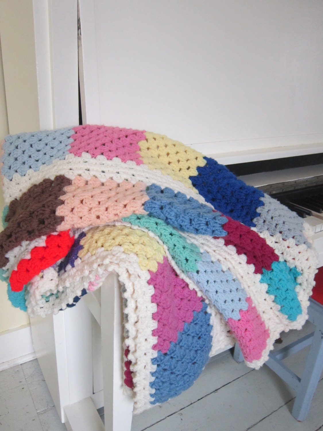 Vintage Afghan, Patchwork Square Pattern, Pink, Aqua Green, Yellow, Baby Blue, Handmade Throw