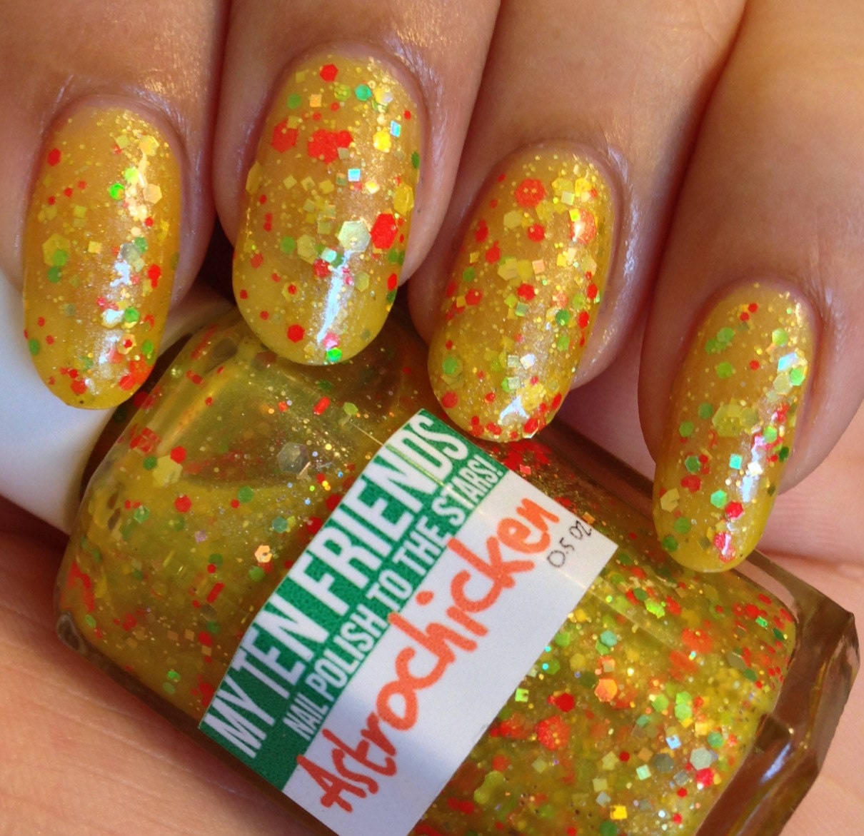 Astrochicken Glitter Nail Polish - Yellow, Gold, Red-Orange, Green - Handblended Sparkly Nail Color