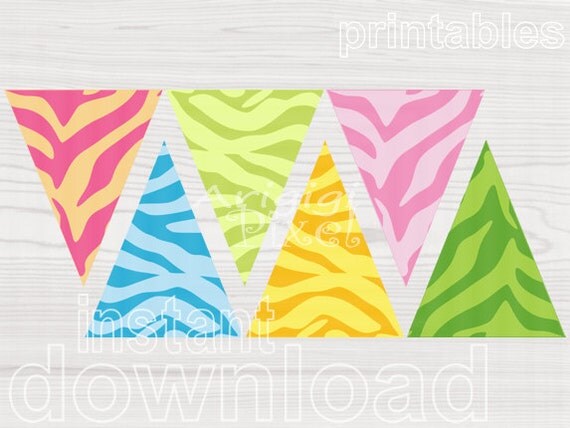 Printable Spring Colors Zebra Pennant Banner Flag Instant Download Pink Green Blue Yellow Il_570xn