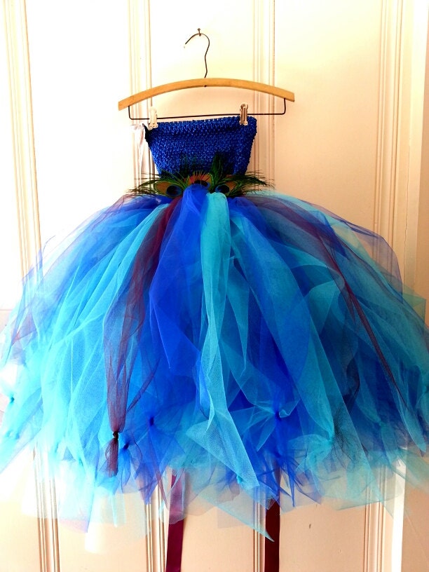 Peacock Tulle Tutu Dress w/Headband-Teal, Blue, and Plum Tulle Tutu with Blue Crochet Top, Three Peacock Feathers, and Persian Plum Ribbon